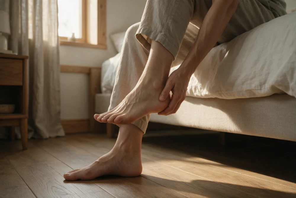 Person sitting on the edge of a bed holding a painful heel in the morning